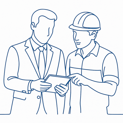 製造業の現場でコンサルタントとともにデータを確認する